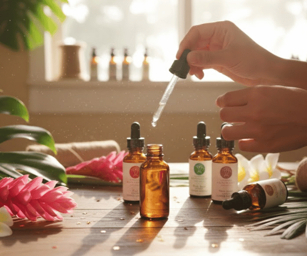 Hawaiian flower essence bottles in rainforest setting representing natural harmony and peace.