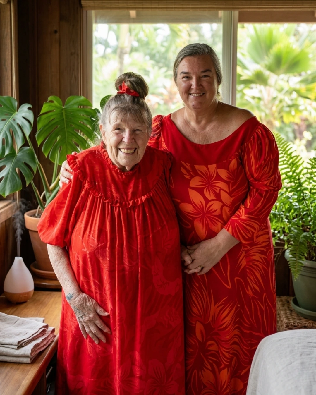 Joy Johnson and Melia Goodenow in the Hawaiian rainforest collecting flowers with gratitude and reverence.
