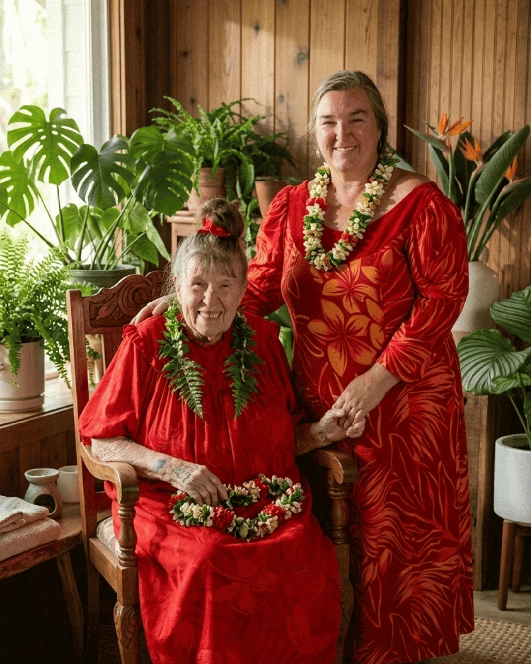 Joy Johnson and Melia Goodenow harvesting Hawaiian flowers