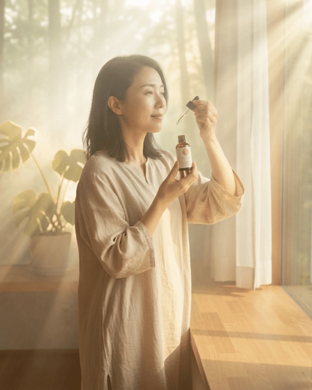 Woman taking flower essences near a window.