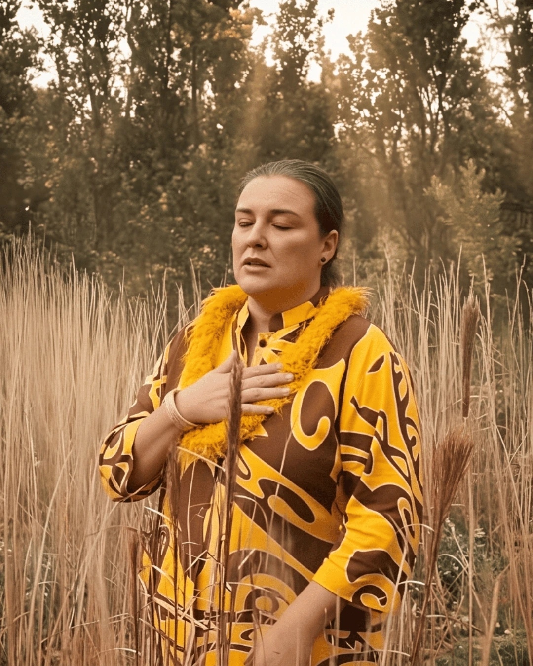 Melia standing in a field in Hawaiʻi.