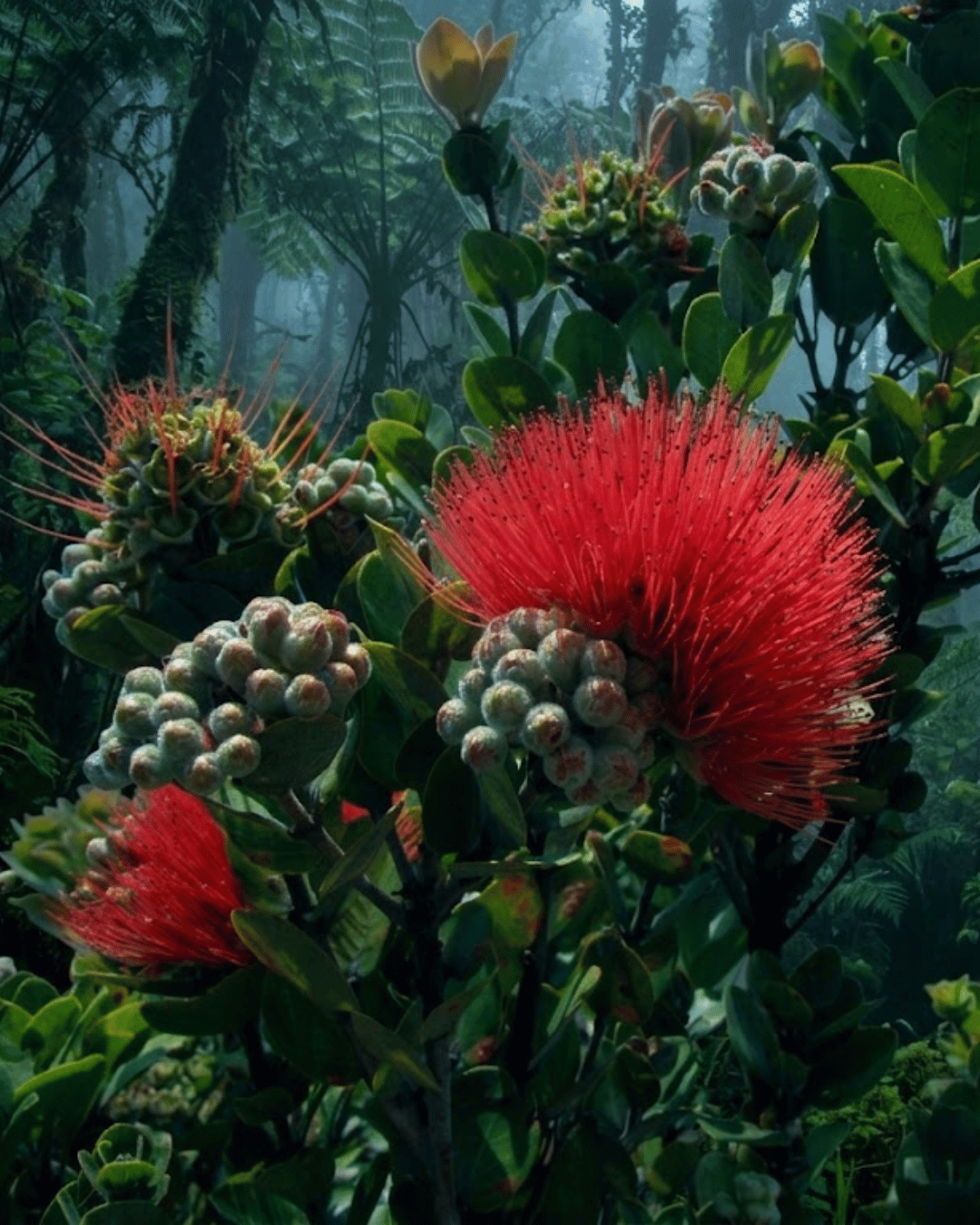 ʻŌhiʻa Lehua blossom growing from volcanic rock in Hawaiʻi.