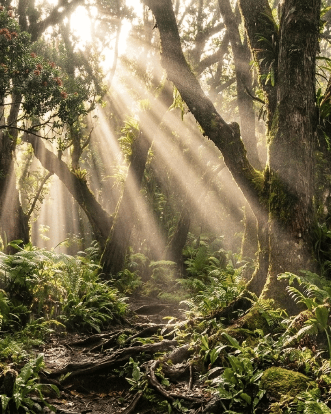 Sunlight filtering through the Hawaiian rainforest in Puna on Hawaiʻi Island.