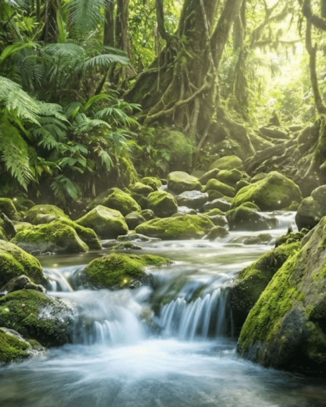 Rainforest stream flowing through the lush landscape of Hawaiʻi.