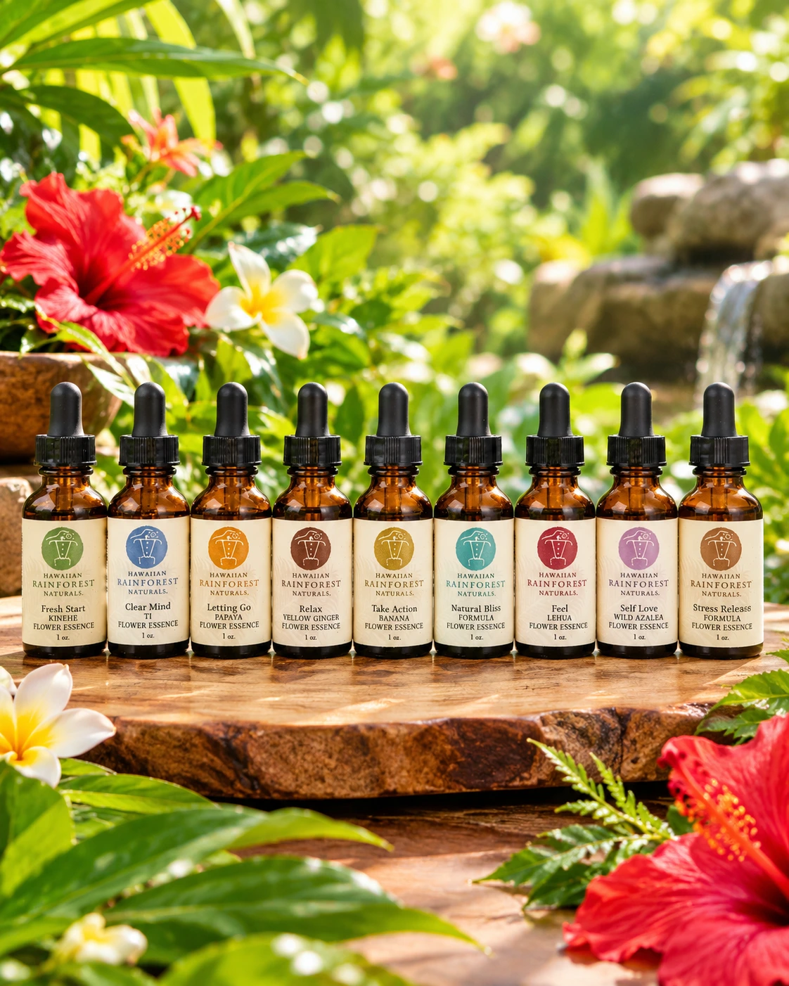 Hawaiian Rainforest Naturals flower essences surrounded by Hawaiian blossoms.