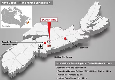 Location map — the Scotia Mine and nearby prospects, Nova Scotia