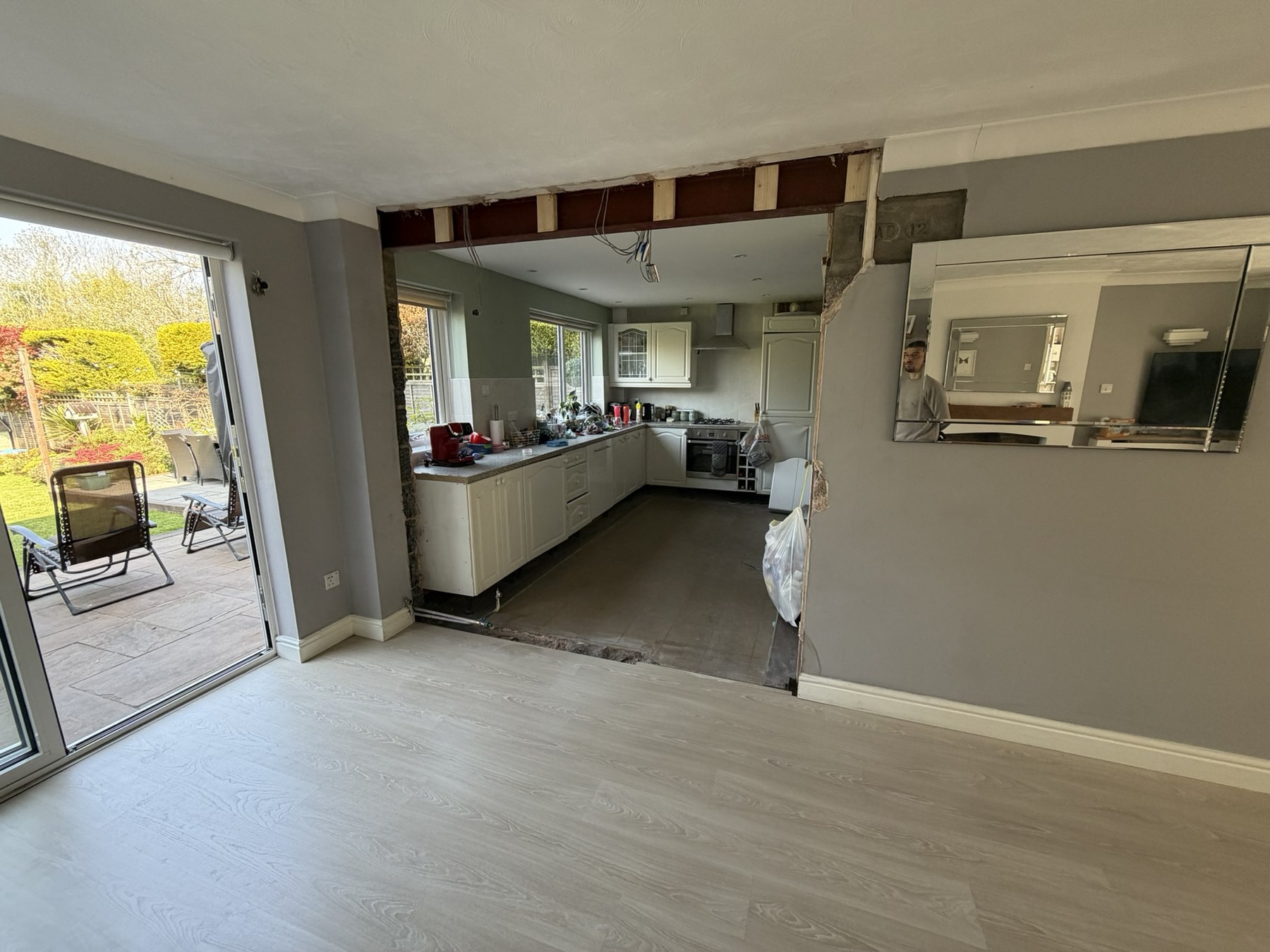 Completed open-plan kitchen and living space following a property renovation in Halesowen