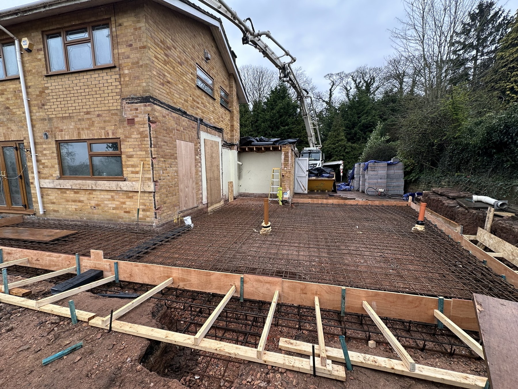 Wide view of the reinforced raft foundation before concrete at Solihull Road