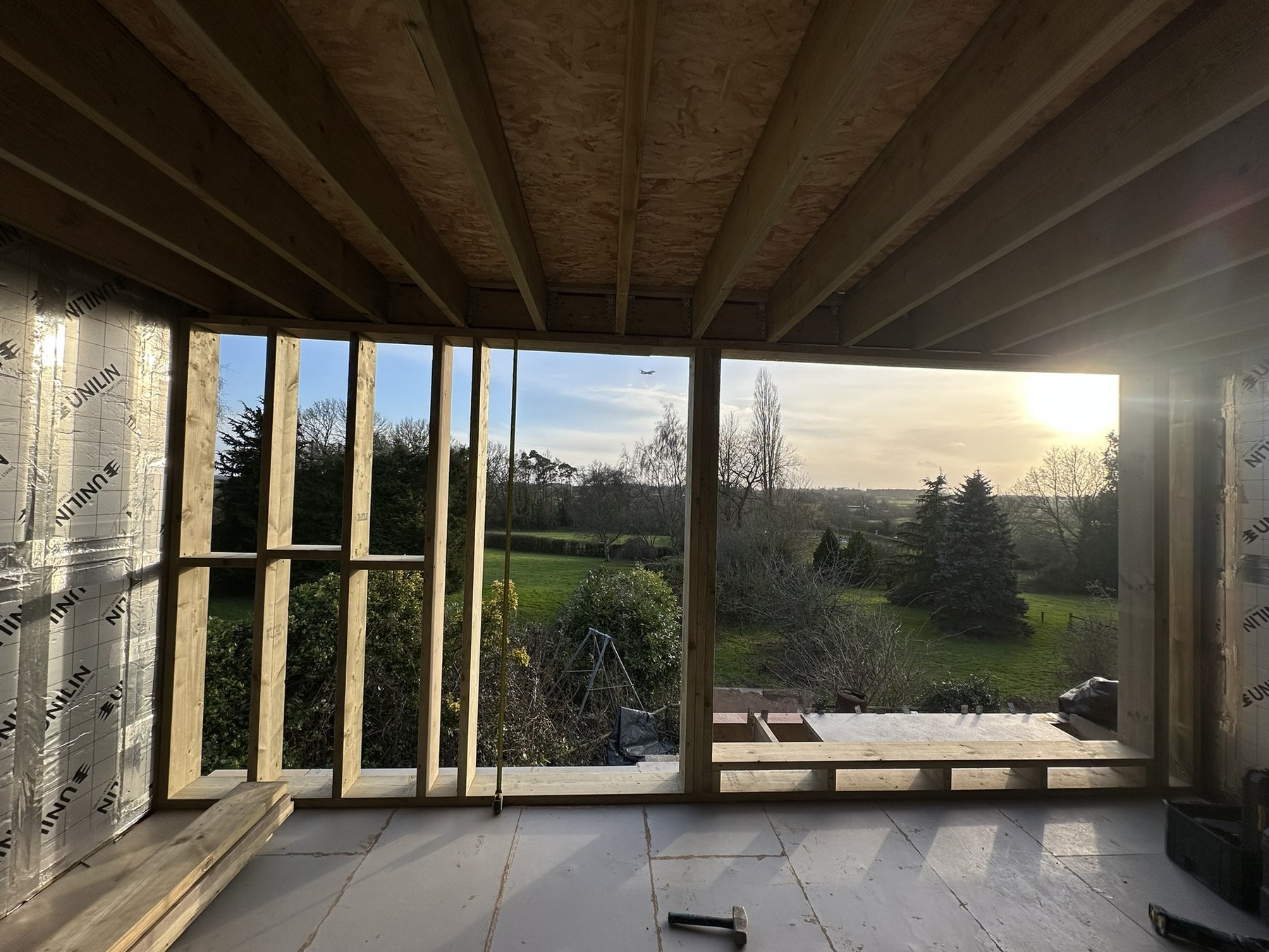 Timber-frame extension under construction at the Solihull Road renovation