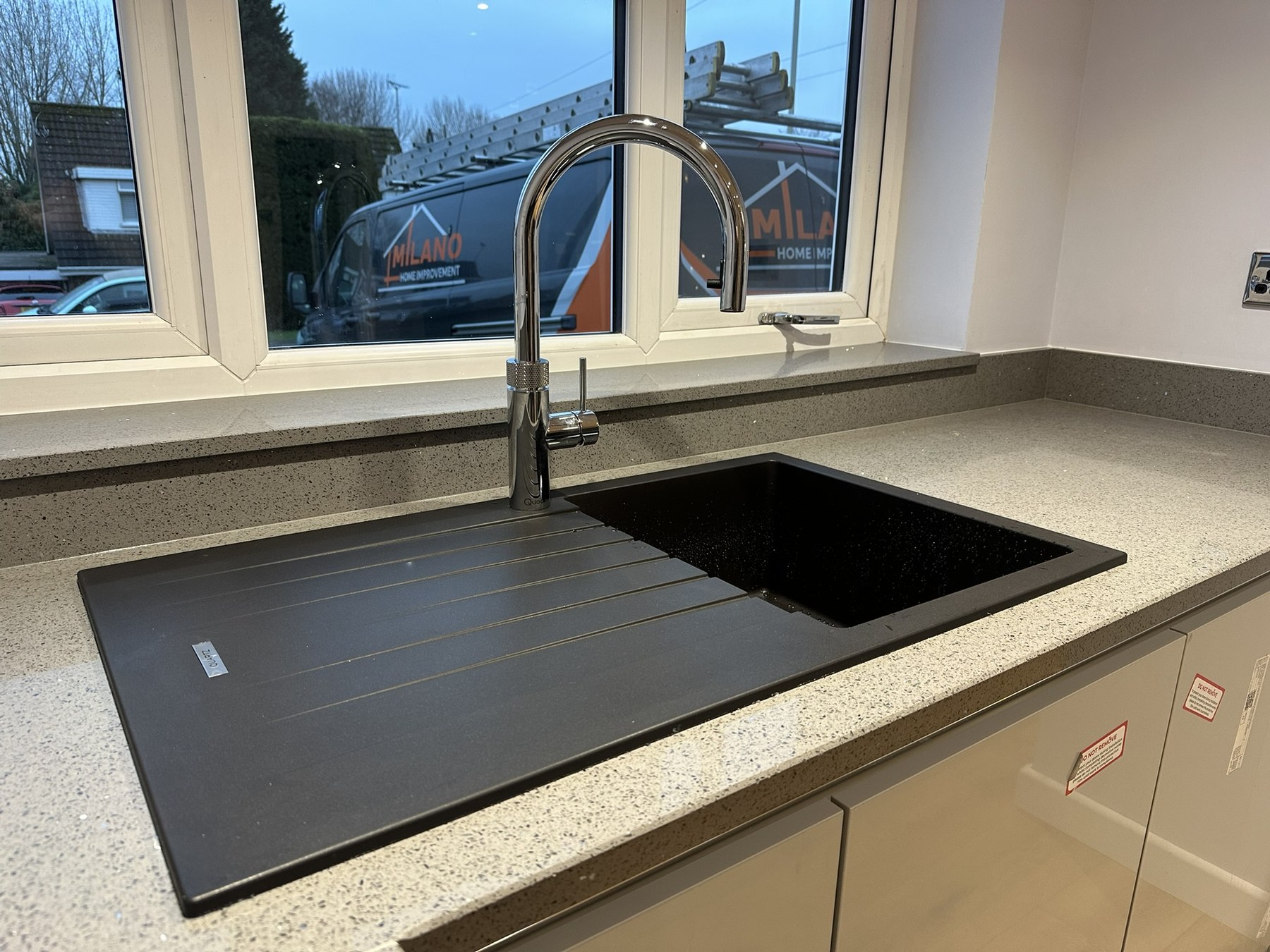 Quooker tap and undermount sink set into a quartz worktop in Stourbridge
