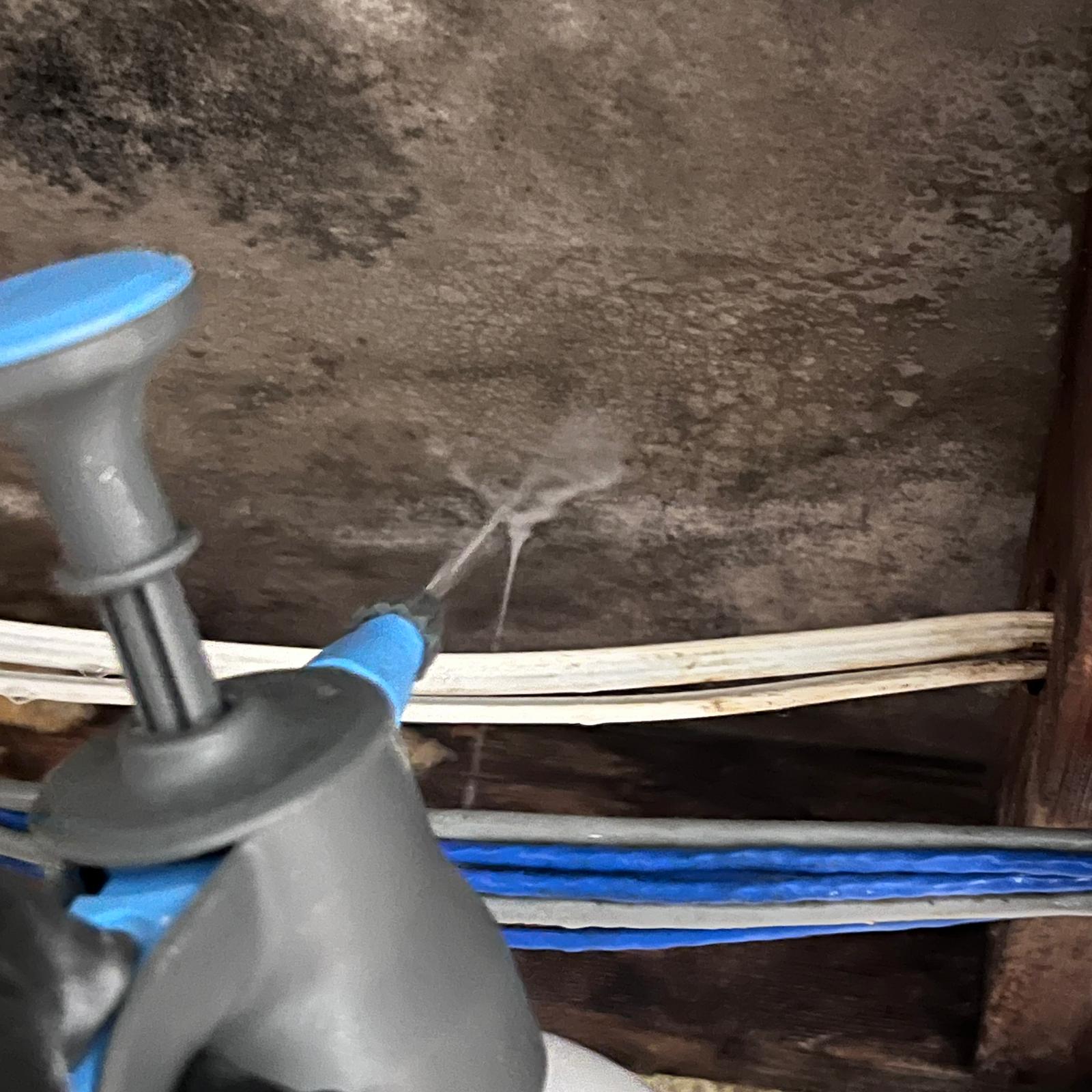 Applying mould treatment to contaminated ceiling