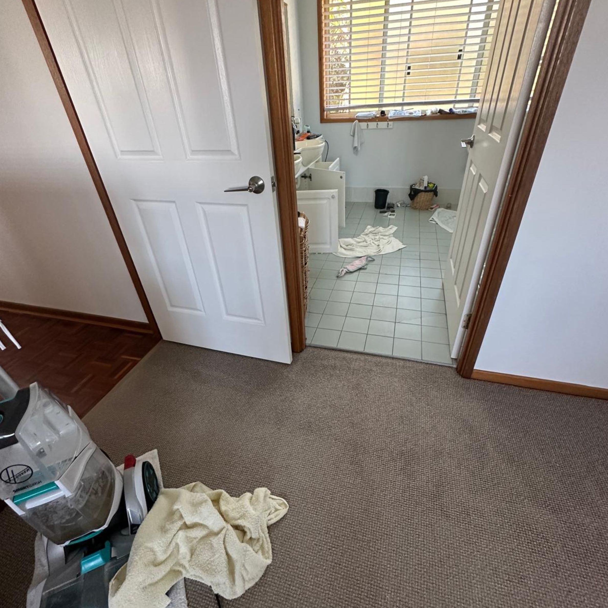 Water-damaged carpet outside the upstairs ensuite following a burst flexi hose leak in a Bateau Bay home. Water-damaged carpet outside the upstairs ensuite following a burst flexi hose leak in a Bateau Bay home.