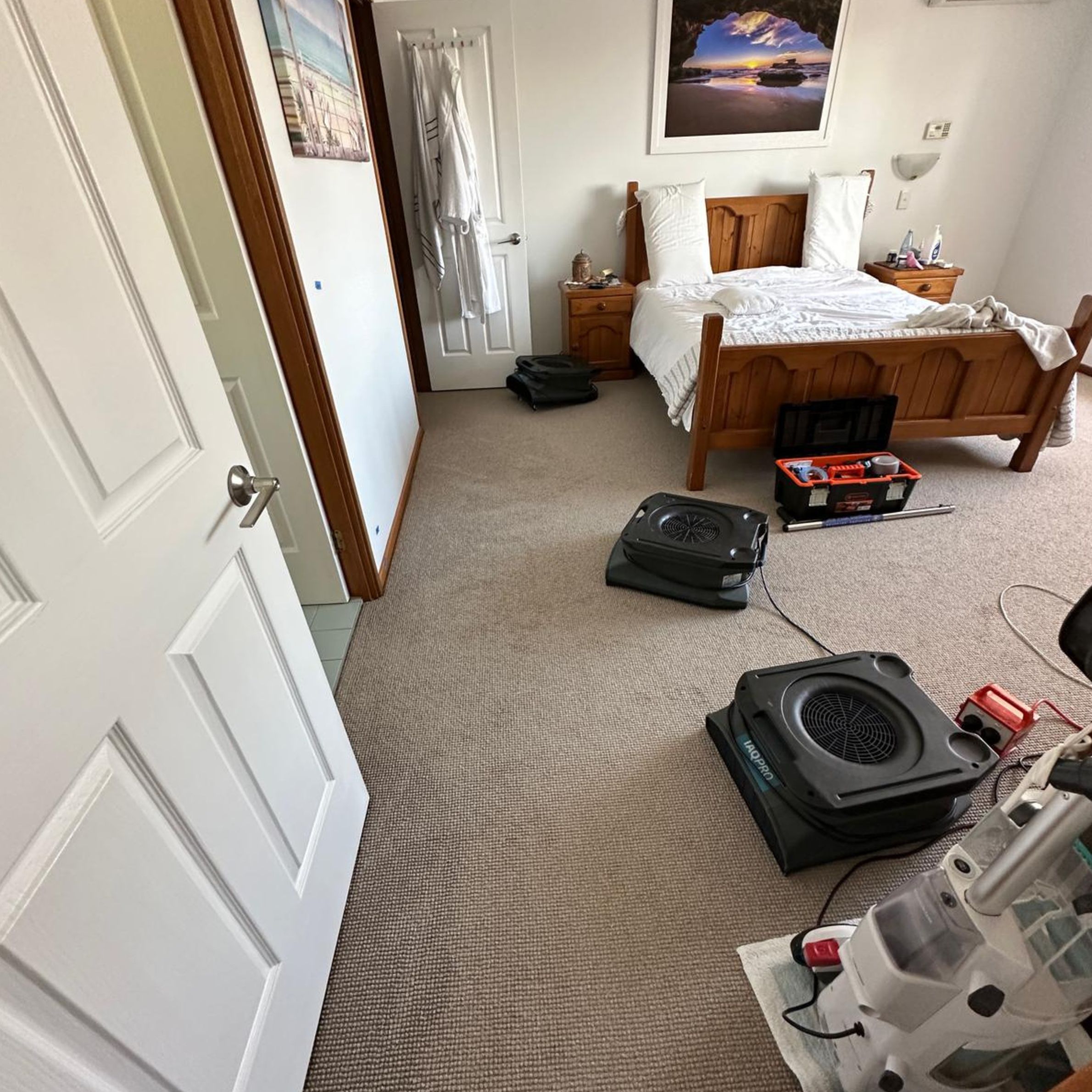 Structural drying equipment installed in the master bedroom after water damage from a burst flexi hose in the upstairs ensuite. Structural drying equipment installed in the master bedroom after water damage from a burst flexi hose in the upstairs ensuite.