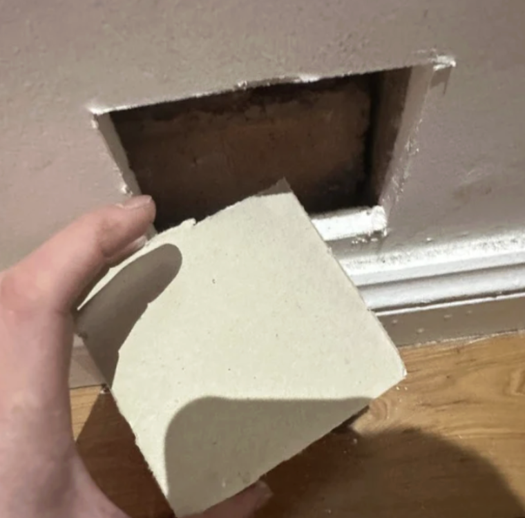 Inspection opening created in an internal wall to investigate concealed moisture and check for hidden mould growth at a residential property in Edensor Park.