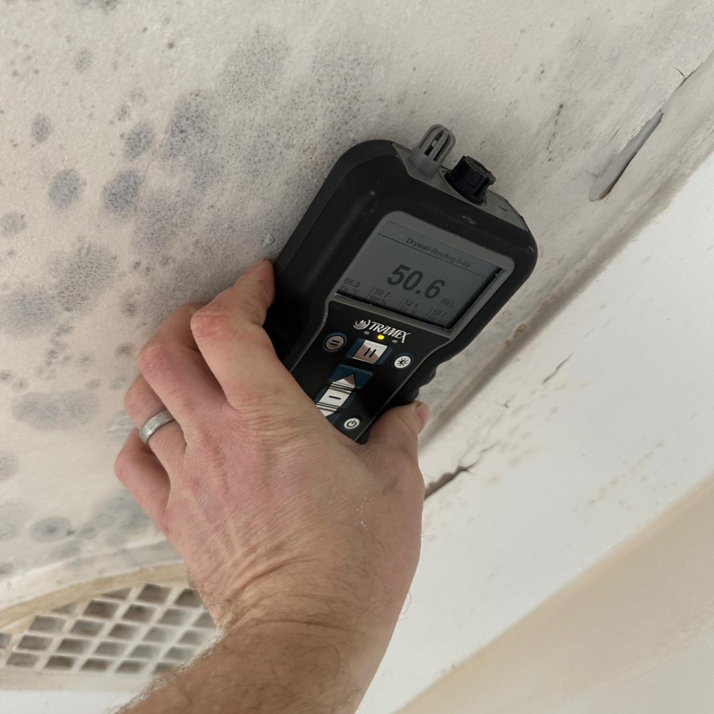 Elevated moisture reading on a mouldy laundry ceiling in South Penrith, NSW