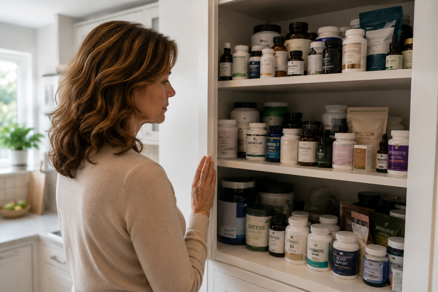 The cupboard by the kettle — half-finished supplement bottles