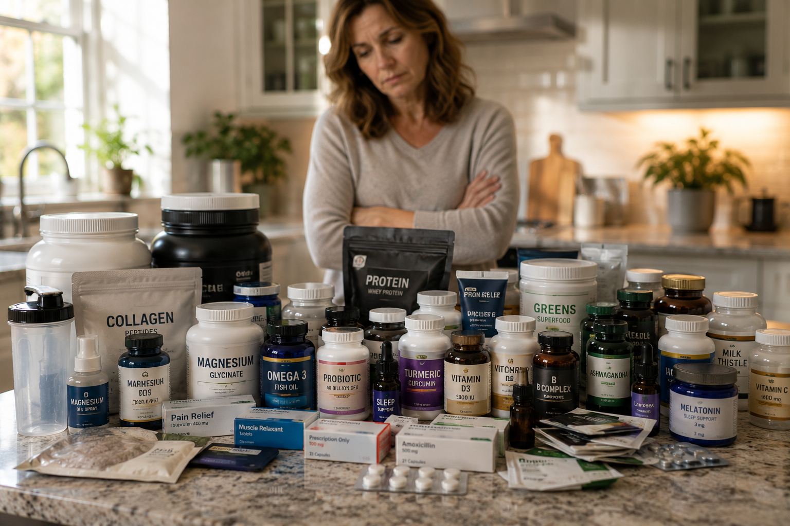 Woman surrounded by supplements on the counter