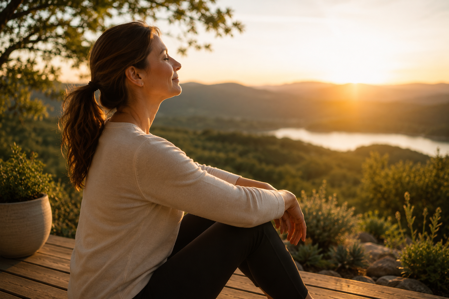 Woman sitting on decking on a sunny day, relaxed and satisfied