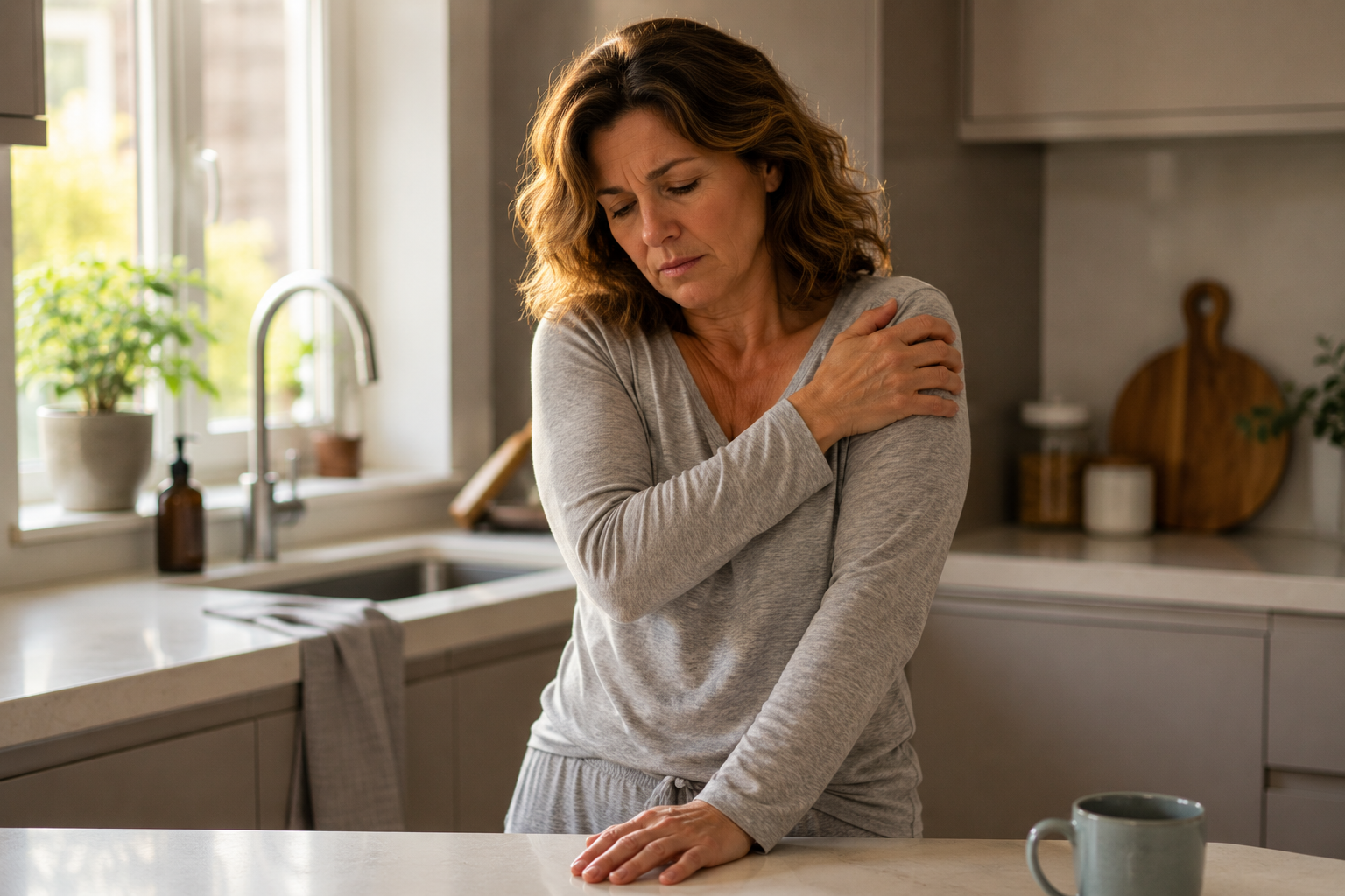 Woman in the kitchen with a hand on her shoulder, aching and exhausted
