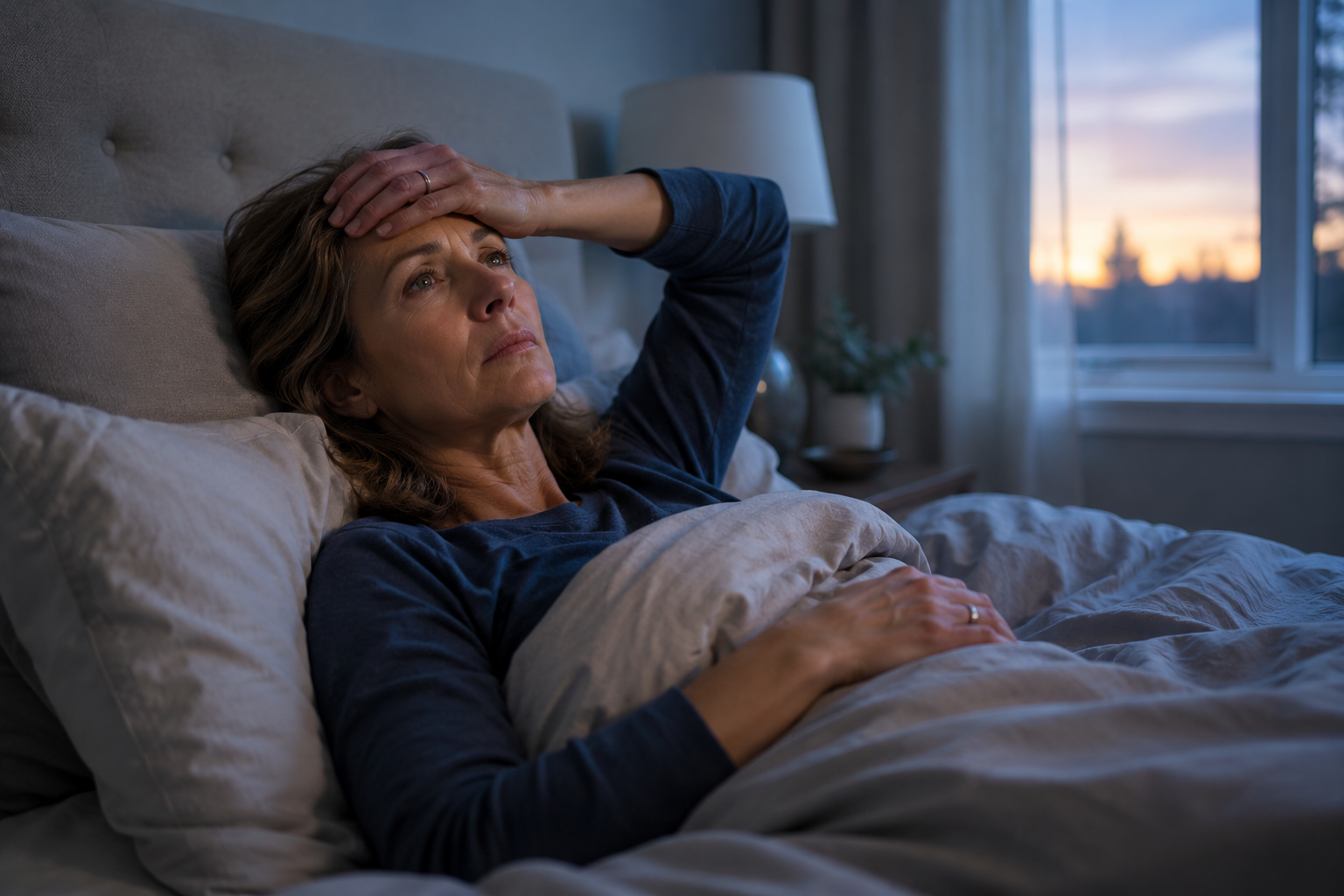 Woman awake in bed, hand on her head, exhausted and fed up