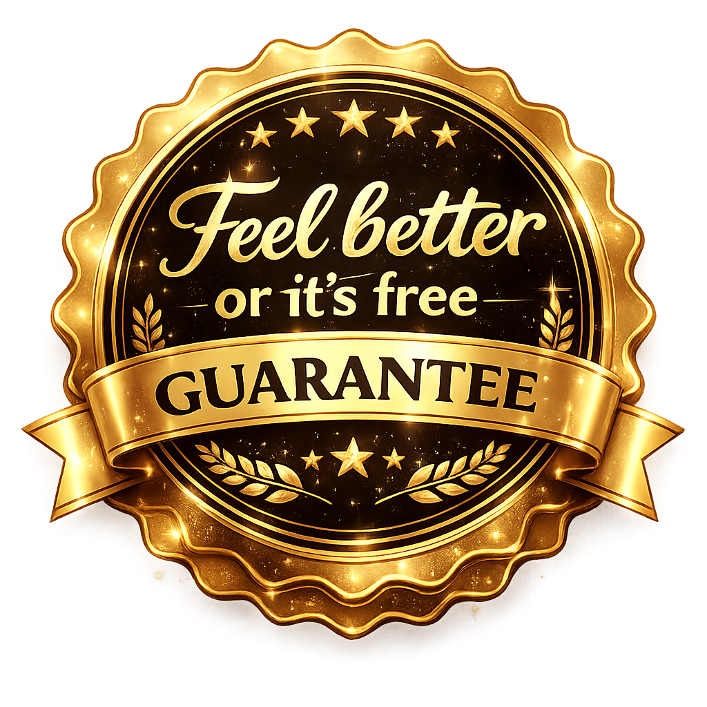 Feel better after session one or you don't pay — guarantee badge
