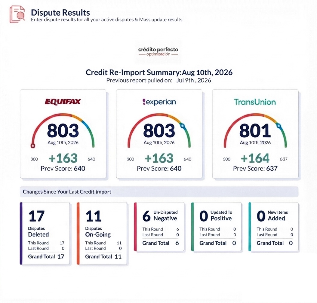 Resultado real de cliente — subida de score en TransUnion, Experian y Equifax
