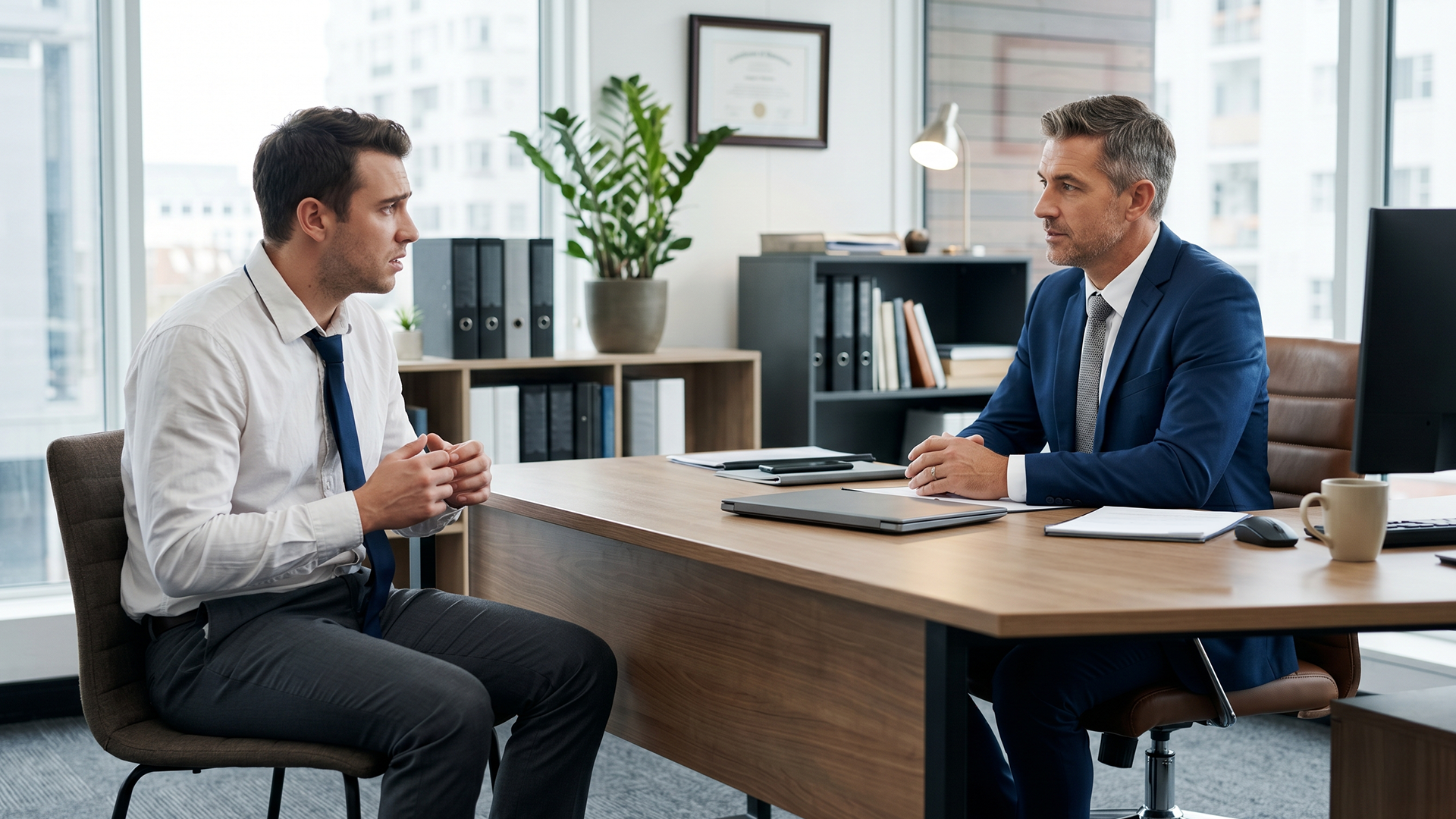 Empleado nervioso hablando con su jefe