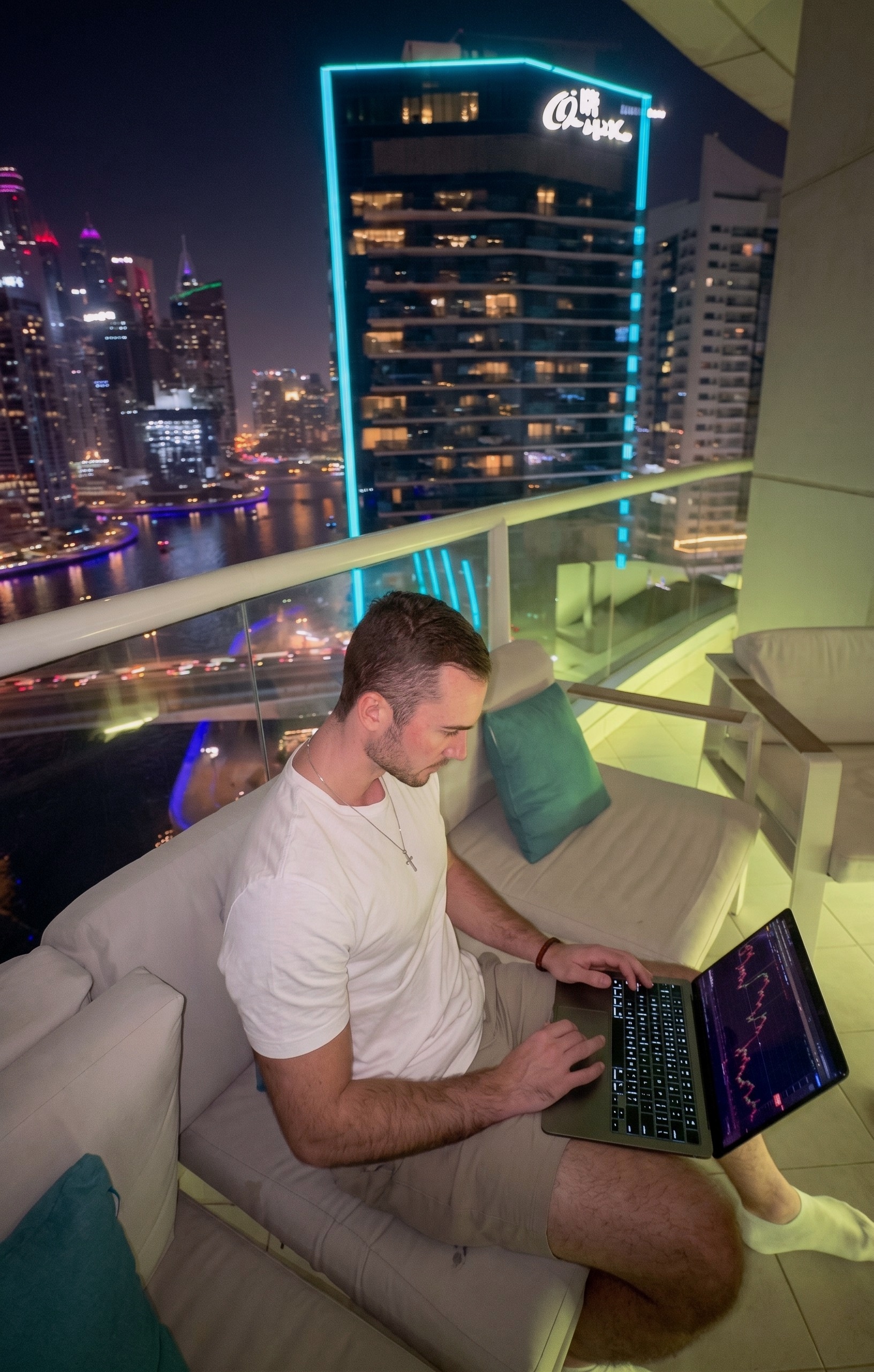 Jordan working from a balcony overlooking the Dubai skyline