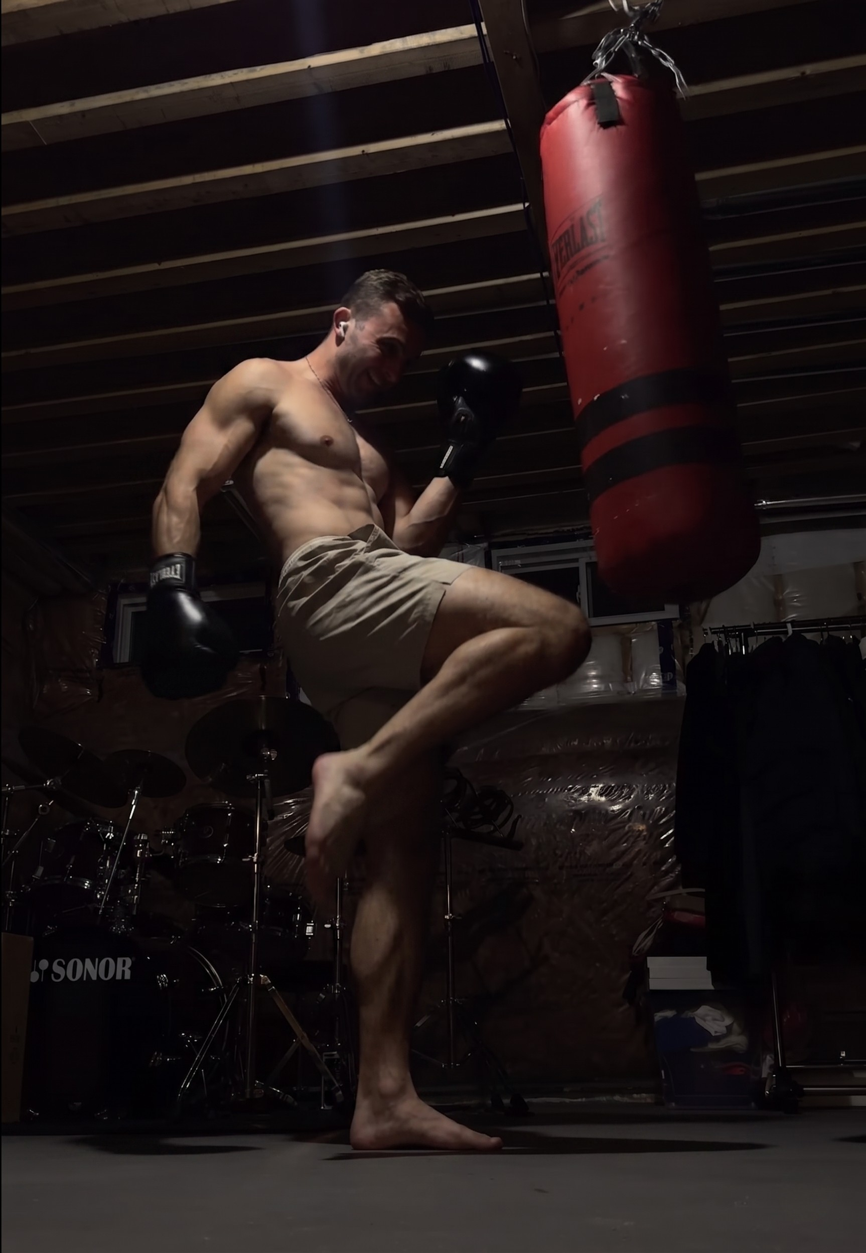 Jordan training Muay Thai on the heavy bag