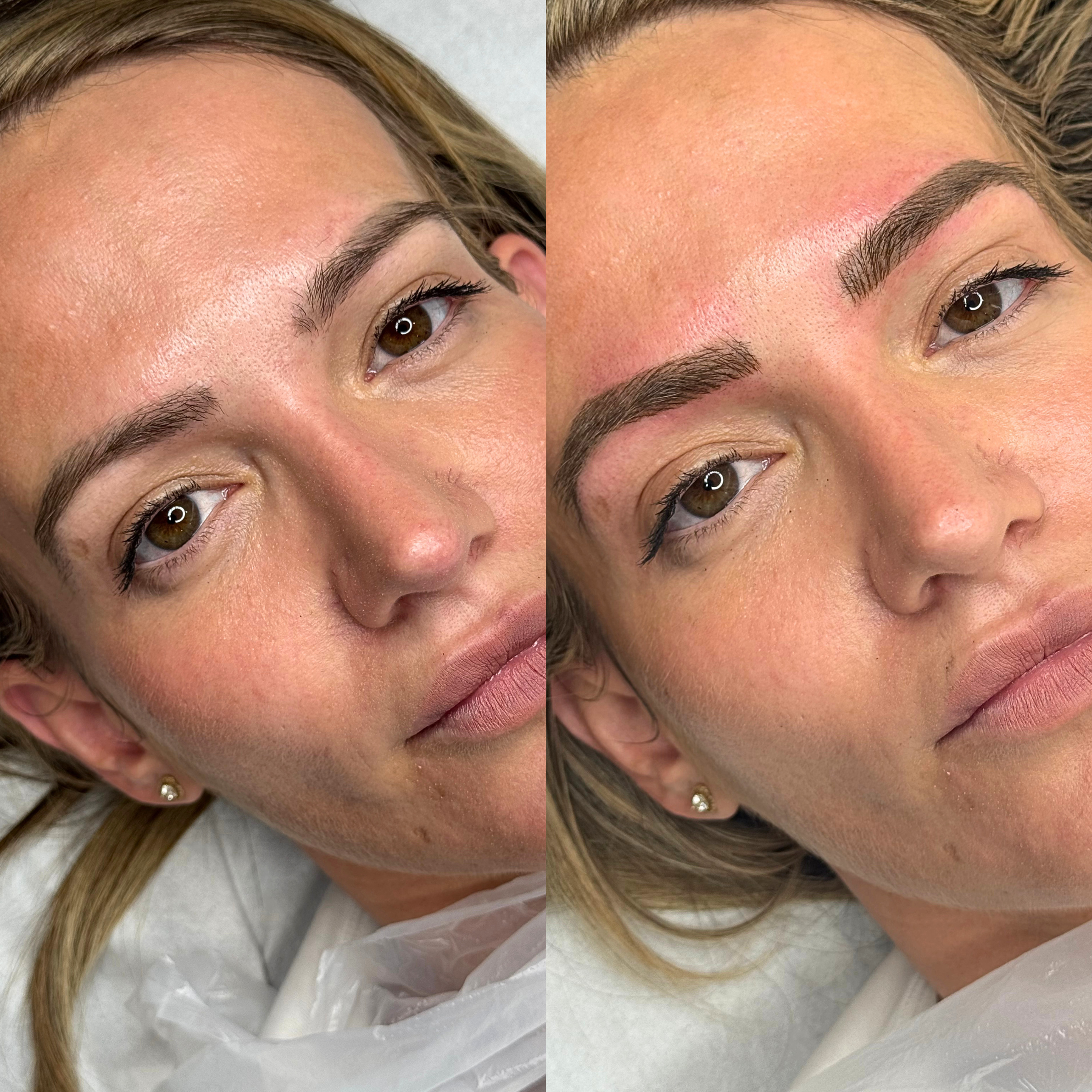 Side-by-side before and after eyebrow shaping and colour by Lucy