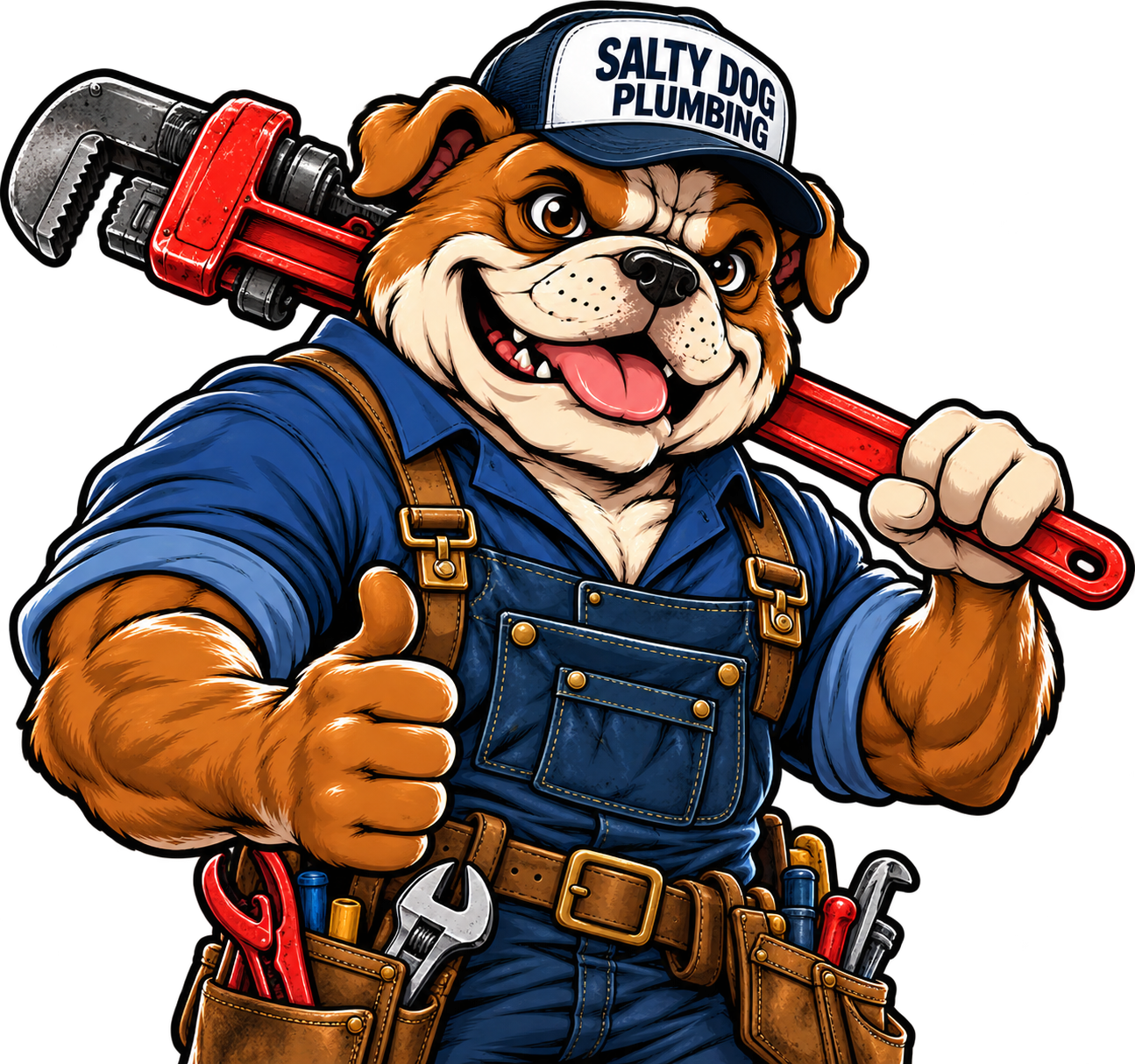 Salty Dog Plumbing bulldog mascot with a wrench