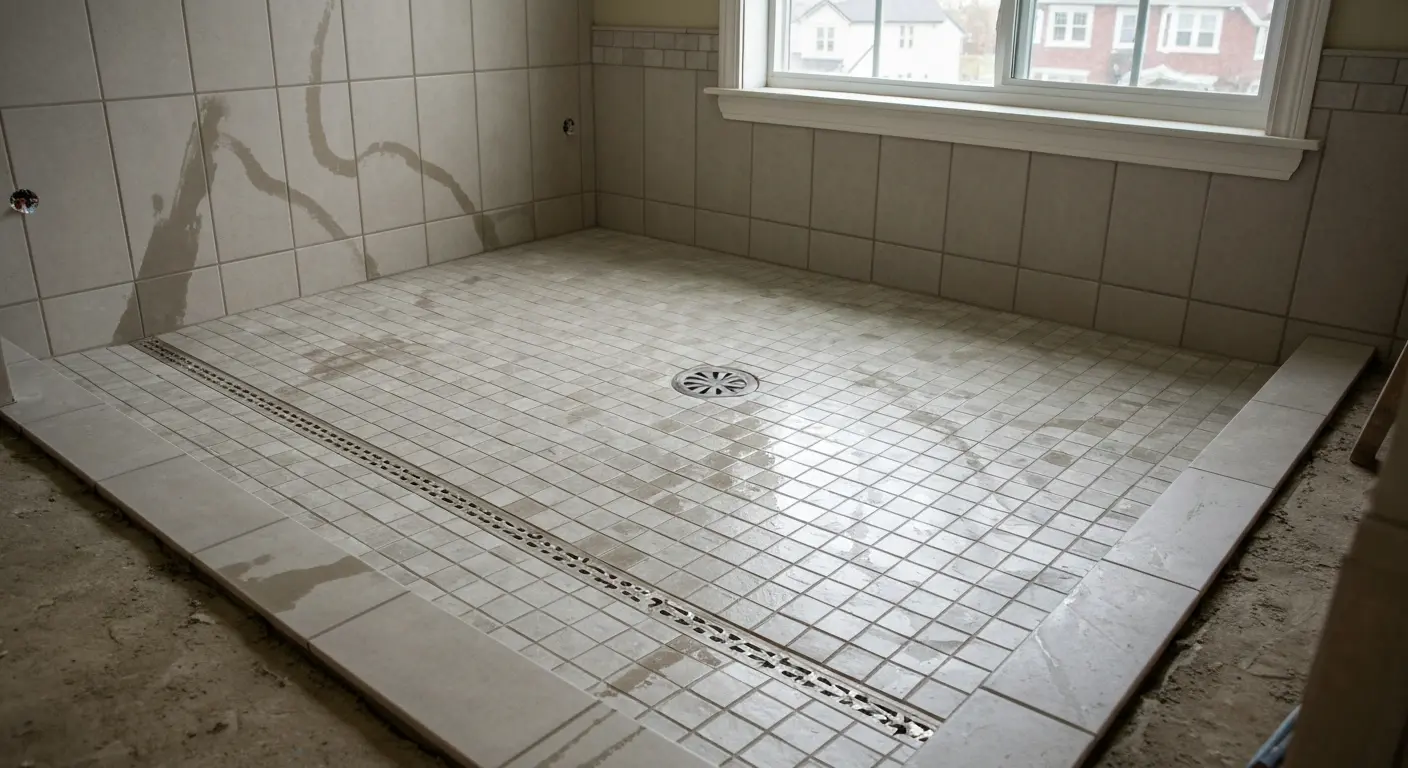 Shower floor tile installation with slope and drainage