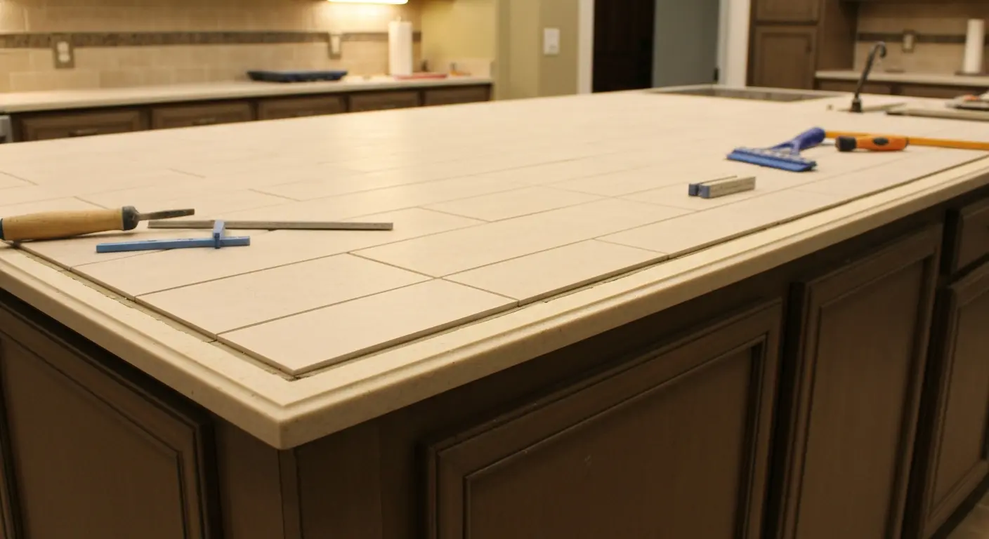 Island backsplash and trim installation