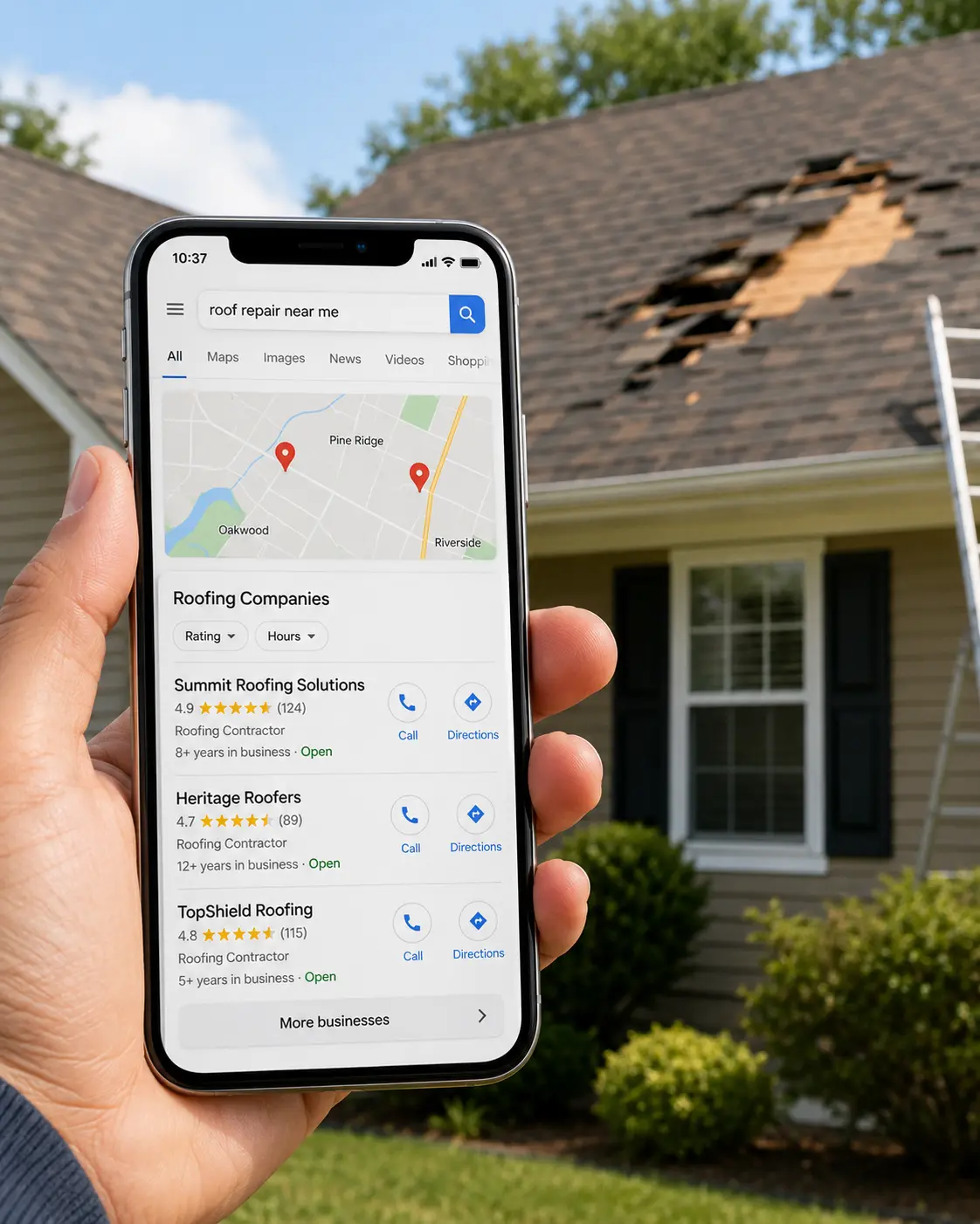 Google Map Pack showing local roofing contractors on a smartphone screen Google Map Pack showing local roofing contractors on a smartphone screen