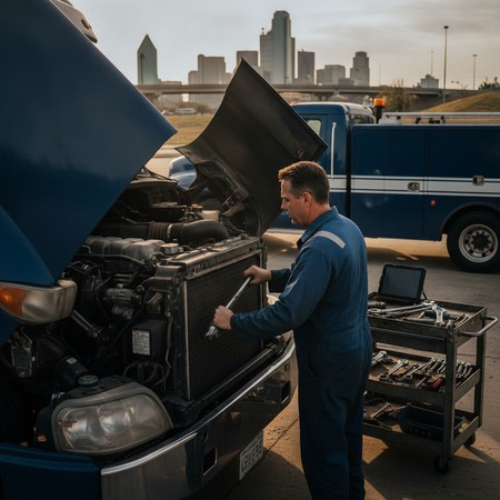 Diesel technician repairing commercial truck roadside on-site