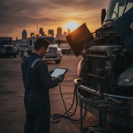 Mobile diesel truck repair technician working in Garland