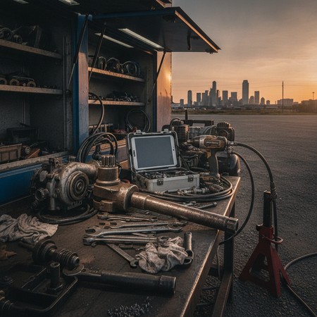 Mobile diesel technician repairing heavy duty commercial truck
