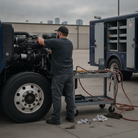 Mobile diesel technician repairing commercial truck on-site