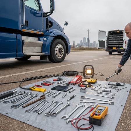 Diesel mechanic diagnosing a broken down commercial truck