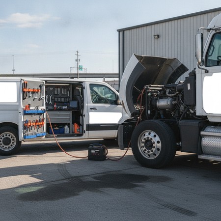 Diesel technician repairing commercial truck roadside on-site