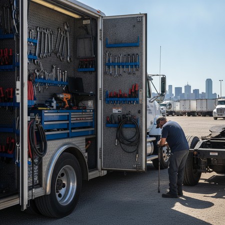 Mobile diesel truck repair technician working in Garland