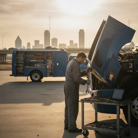 Mobile diesel technician repairing commercial truck on-site