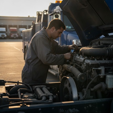 Mobile diesel technician repairing commercial truck on-site