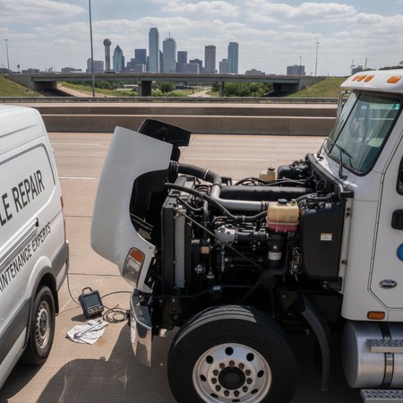 Technician performing mobile truck maintenance on commercial vehicle