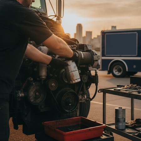 Diesel technician performing maintenance on commercial truck engine