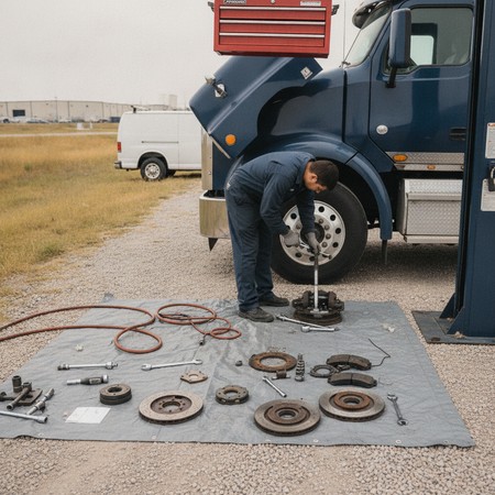 Diesel mechanic diagnosing a broken down commercial truck