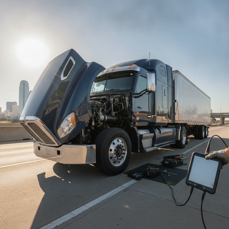 Mobile diesel truck repair technician working in Irving