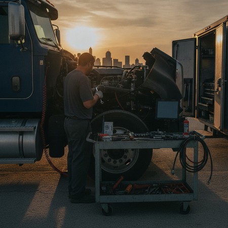 Diesel mechanic diagnosing a broken down commercial truck