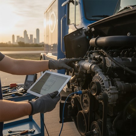 Mobile diesel technician repairing heavy duty commercial truck