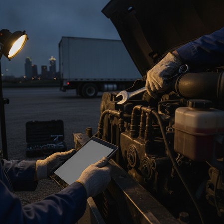 Mobile diesel truck repair technician working in Irving